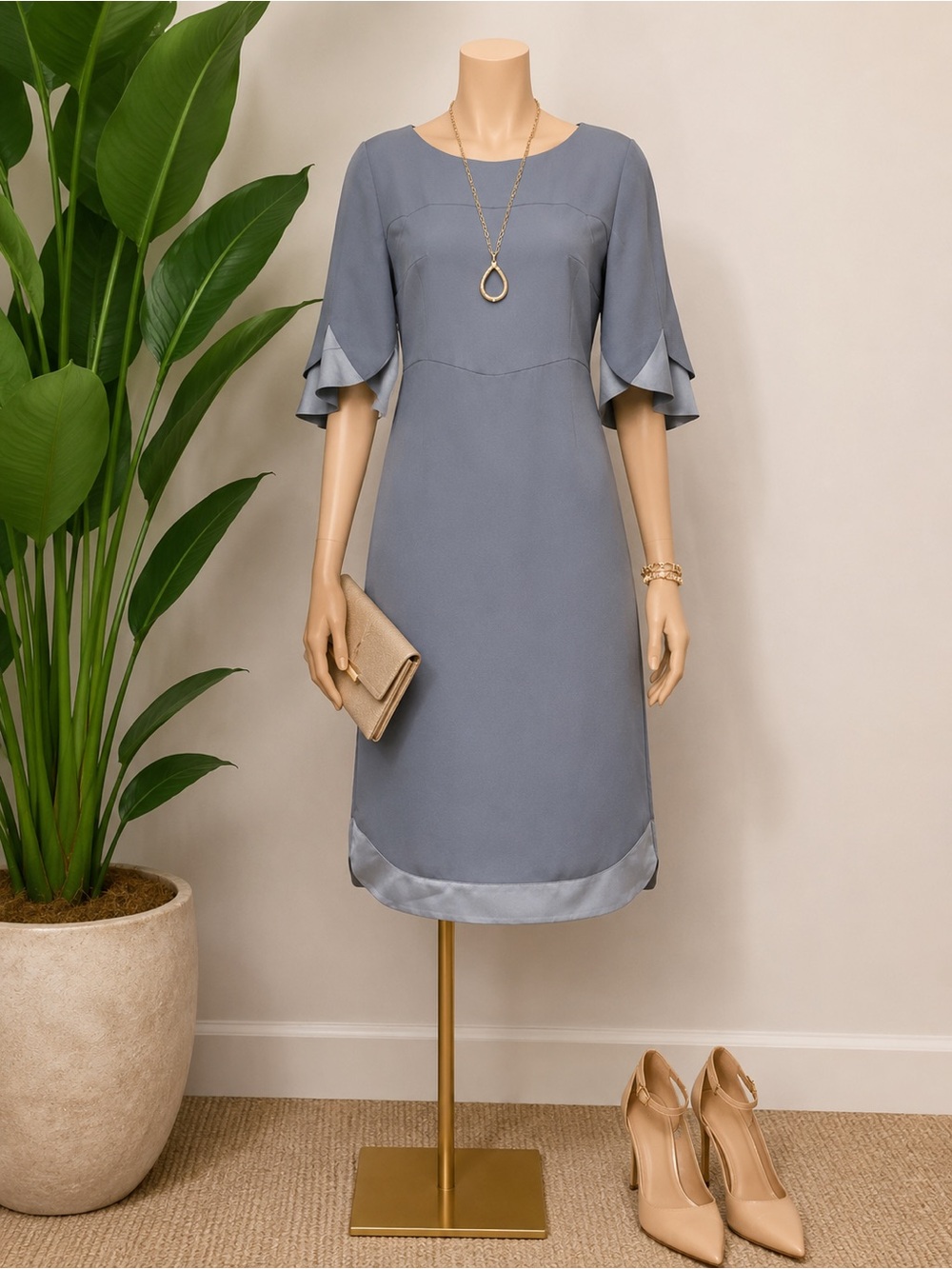 Banana Republic Slate Blue Midi Dress with Layered Flutter Sleeves